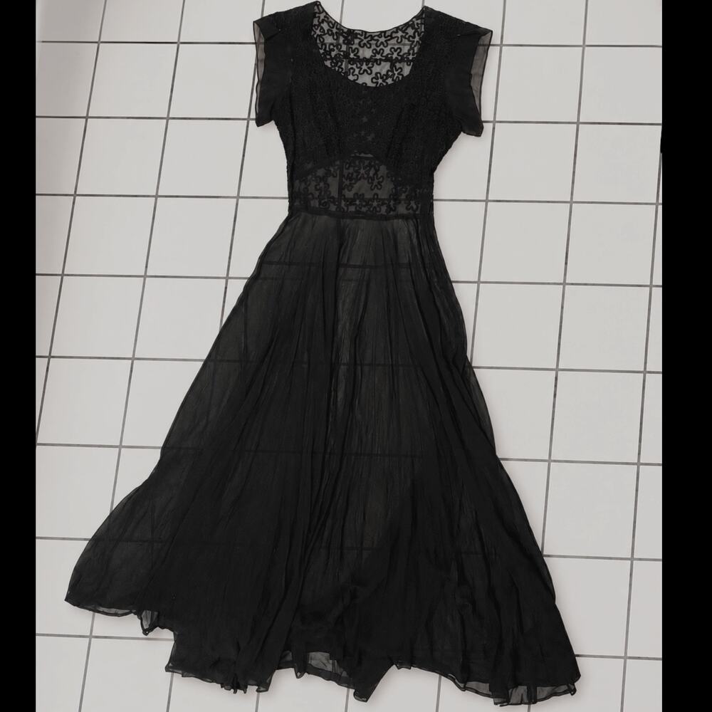 Vintage 1930s Black Chiffon Soutache Evening Gown Sheer Flutter Sleeve Dress - Picture 2 of 11